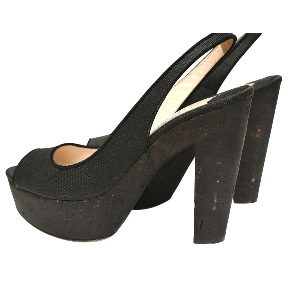 PRADA Black Pumps Platforms Sandals Slingback Fabric Brown Cork Heels Sz 36.5 - Picture 8 of 9